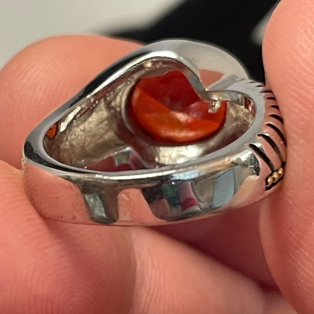 Garnet/dark orange colored rhinestone ring, silver and gold tone band Size 6.5 - Picture 3 of 8